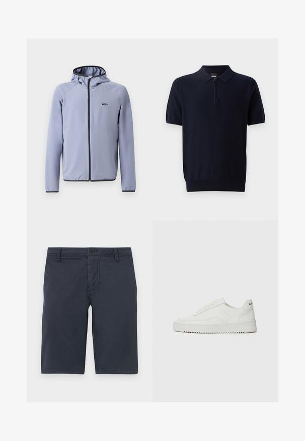 Svetlo modra jakna na zadrgo s kapuco, izdelana iz gladkega materiala. Ima črne detajle ob zadrgi in robu, ter logotip na prsih.; Temno modra polo majica iz pletenine z kratkim zadrgo na vratu, kratkimi rokavi in prilegajočim robom. Ima subtilno teksturo.; Temno modri kratki hlače iz teksturirane tkanine, s sprednjim gumbom za zapiranje, zanko za pas in standardnima stranskima žepoma.; Bela usnjena športna obutev z gladko površino, okroglo prst, ravne vezalke in teksturiran podplat. Ima diskretno logo na peti.