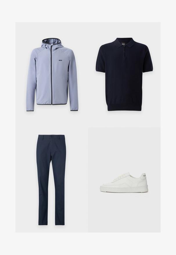 Lichtblauwe zip-up jack met capuchon, gemaakt van een gladde stof. Bevat zwarte accenten langs de rits en onderrand, met een logo op de borst.; Navyblauwe poloshirt van gebreide stof met een korte rits halslijn, korte mouwen en een getailleerde zoom. Heeft een subtiele textuur.; Marineblauwe broeken met een vlakke voorkant, rechte pijpen en een enkele knoopsluiting aan de taille. Glad stof zonder zichtbare patronen.; Witte leren sneaker met een gladde afwerking, ronde neus, platte veters en een gestructureerde zool. Kenmerkt zich door een subtiel logo op de hiel.