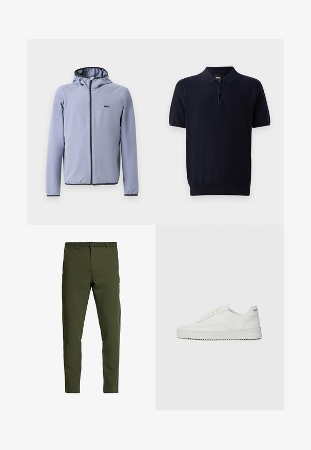 Hellblaues Zip-Jackett mit Kapuze, aus glattem Stoff gefertigt. Es verfügt über schwarze Akzente entlang des Reißverschlusses und des Saums, mit einem Logo auf der Brust.; Marineblaues Poloshirt aus gestricktem Stoff mit kurzem Reißverschluss-Hals, kurzen Ärmeln und einem taillierten Saum. Es hat eine dezente Struktur.; Olivgrüne Hose mit slim fit, aus einem glatten, strapazierfähigen Stoff. Mit Reißverschluss, Knopfverschluss und Standardtaschen.; Weiße Ledersneaker mit glatter Oberfläche, runder Zehenpartie, flachen Schnürsenkeln und strukturiertem Sohlenprofil. Mit einem dezenten Logo an der Ferse.