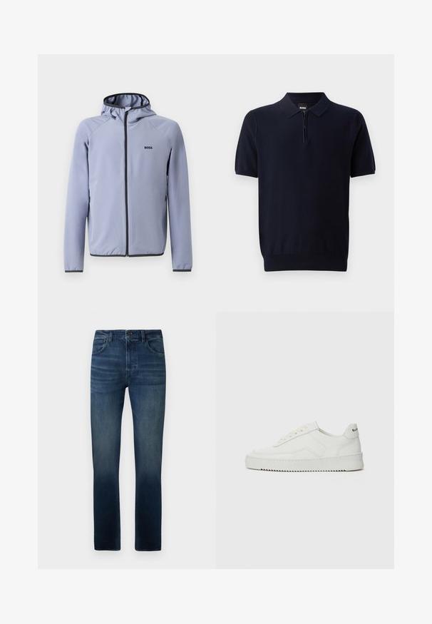 Hea sinine kapuutsiga müts, valmistatud siledast kangast. Mustad aktsendid on näha tõmbluku ja äärte juures, rinnal on logo.; Tumedat sinise värviga polo-särk, mis on valmistatud kootud kangast, lühikese lukuga kaeluse, lühikeste varrukate ja kitseneva äärisega. Särkil on peene tekstuur.; Sinine denimist valmistatud sirge jala lõikega teksad, millel on keskmise kõrgusega talje, kerge bleežimine ja traditsiooniline 5-tasku disain.; Valge nahast tennis, millel on sile põhi, ümar varvas, lamedad nöörid ja tekstuuriline tall. Sisaldab diskreetset logo kontsaribal.