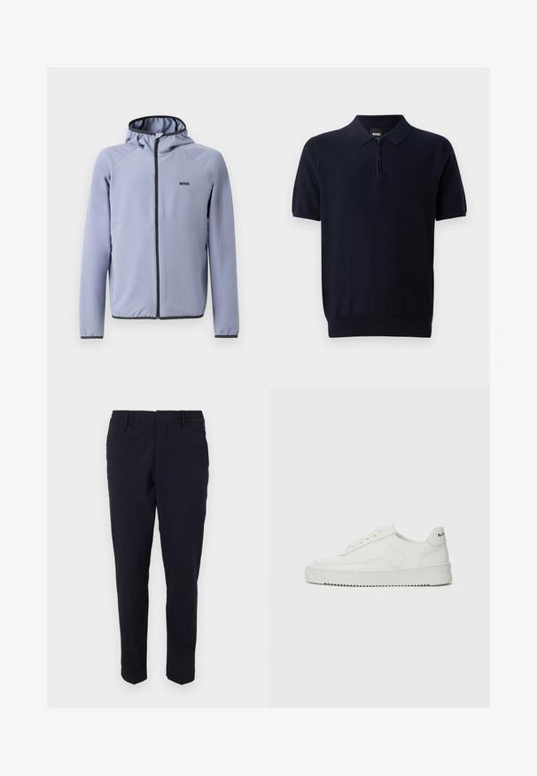 Gaiši zila zipa jaku ar kapuci, izgatavota no gluda auduma. Ar melniem akcentiem gar rāvējslēdzi un apakšmalu, ar logo uz krūšu.; Tums zila polo krekls no adīta auduma ar īsu rāvējslēdzēja apkakli, īsām piedurknēm un pieguļošu apakšmalu. Iezīmē smalku tekstūru.; Karmī... zilas aušanas bikses ar elastīgu jostu, šauras piegriezuma dizains un sašaurinātas kājas. Nav redzamu kabatu vai apdares detaļu.; Baltas ādas sneakers ar gludu virsmu, apaļu pirkstu daļu, plakaniem šņorēm un teksturētu zoli. Satur diskrētu logotipu uz papēža.