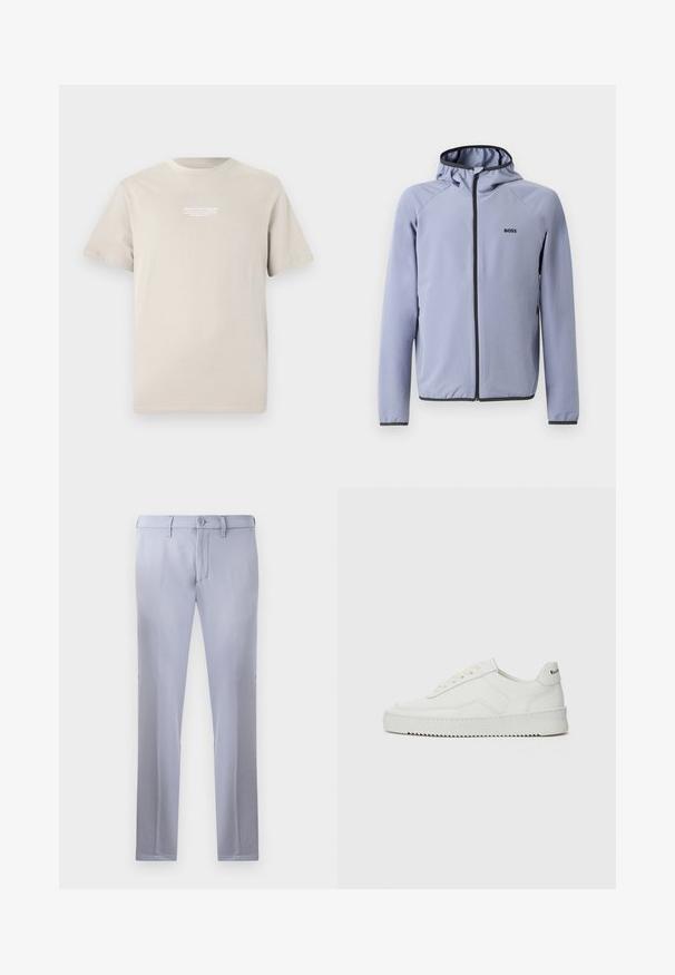 Jachetă cu fermoar de culoare albastru deschis, cu glugă, fabricată dintr-un material neted. Prezintă accente negre de-a lungul fermoarului și a tivului, cu un logo pe piept.; Tricou din bumbac bej, cu mâneci scurte, gât rotund și un mic logo alb imprimat pe pieptul superior.; Pantaloni tailored de culoare gri deschis, confecționați dintr-un material neted, având sistem de închidere cu buton, curea la talie și un design drept. Nu sunt vizibile buzunare.; Sneakers din piele albă cu un finisaj neted, vârf rotund, șireturi plate și o talpă texturată. Prezintă un logo subtil pe călcâi.