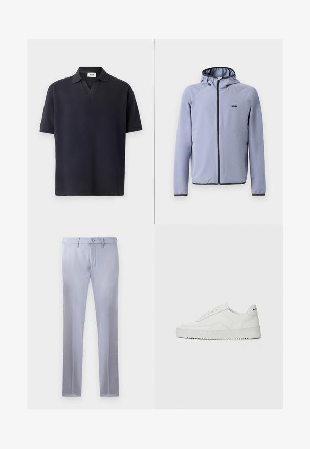 Lys blå hettejakke med glidelås, laget av glatt stoff. Har svarte detaljer langs glidelåsen og kanten, med en logo på brystet.; Marineblå kortermet polo skjorte med teksturert mønster, med v-hals og brettede ermer, laget av pustende stoff.; Lysegrå skreddersydde bukser laget av glatt stoff, med knappelukking, beltehemper og rett ben-design. Ingen lommer synlige.; Hvite lærersneakers med en jevn overflate, rund tå, flate lisser og en teksturert såle. Har en subtil logo på hælen.