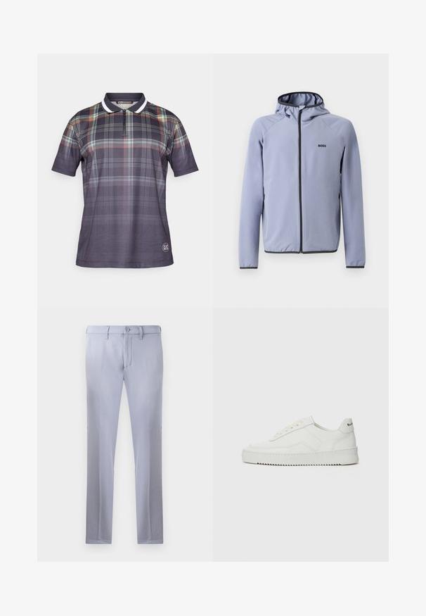 Šviesiai mėlynas džemperis su užtrauktuku ir kapišonu, pagamintas iš lygios medžiagos. Jame yra juodos detalės palei užtrauktuką ir apykaklę, o krūtinėje yra logotipas.; Tamsių atspalvių trumpomis rankovėmis polo marškiniai su languotu raštu. Su užtrauktuku užsegama apykakle ir kontrastingomis baltomis detalėmis. Pagaminta iš kvėpuojančios medžiagos.; Šviesiai pilkos pritaikytos kelnės, pagamintos iš lygios medžiagos, su mygtuko uždarymu, diržo kilpomis ir tiesiomis kojomis. Kišenių nematyti.; Balti odiniai sportiniai bateliai su lygia apdaila, apvaliu pirštu, plokščiais raišteliais ir tekstūruotu padu. Pasižymi subtiliu logotipu ant kulno.