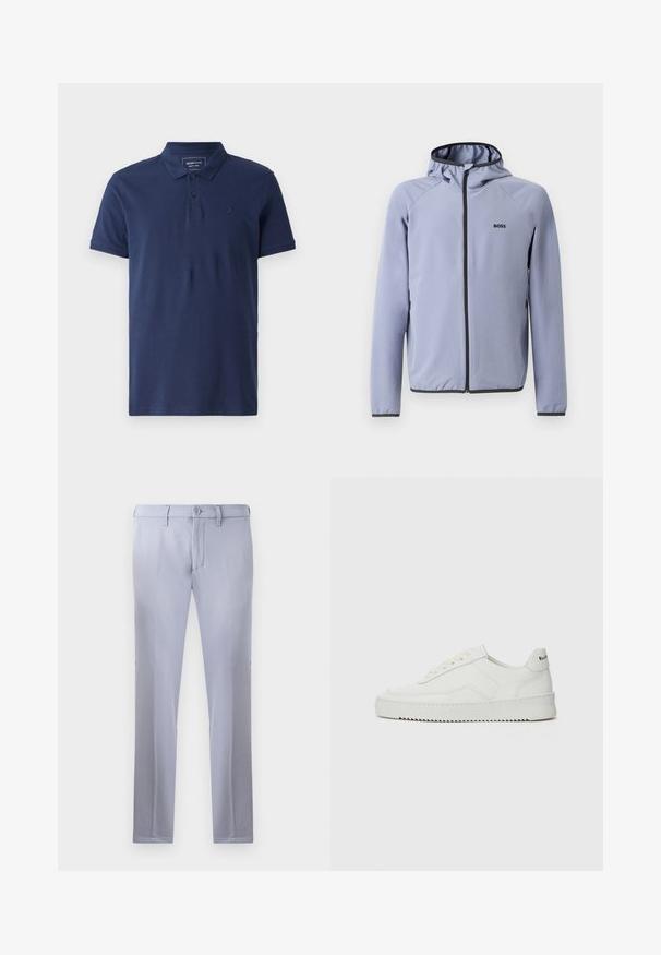 Světlomodrá bunda na zip s kapucí, vyrobená z hladké tkaniny. Obsahuje černé detaily podél zipu a lemu, s logem na hrudi.; Námořnická modrá polo košile vyrobená z bavlny, se tříknoflíkovým zapínáním, krátkými rukávy a decentním logem na hrudi. Hladká textura.; Světle šedé kalhoty na míru vyrobené z hladké tkaniny, s knoflíkovým zapínáním, poutky na opasek a rovnou nohavicí. Žádné viditelné kapsy.; Bílé kožené tenisky s hladkým povrchem, kulatou špičkou, plochými tkaničkami a texturovanou podrážkou. Na patě se nachází nenápadné logo.