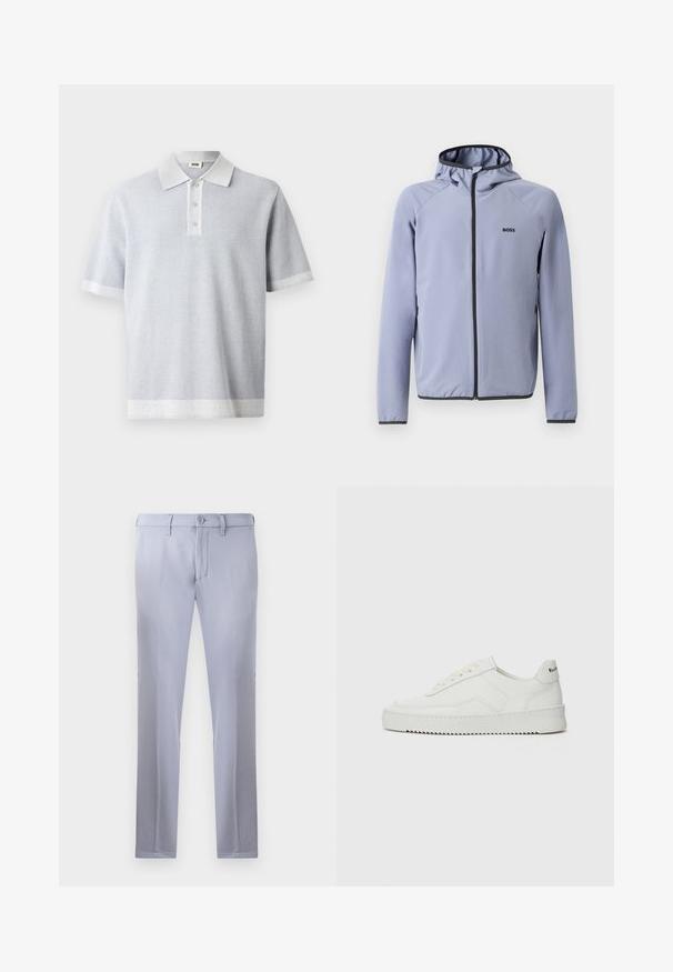 Lys blå hettejakke med glidelås, laget av glatt stoff. Har svarte detaljer langs glidelåsen og kanten, med en logo på brystet.; Lys grå polo skjorte med et teksturert mønster, korte ermer og en kontrasterende hvit krage og kant. Tre knapper foran.; Lysegrå skreddersydde bukser laget av glatt stoff, med knappelukking, beltehemper og rett ben-design. Ingen lommer synlige.; Hvite lærersneakers med en jevn overflate, rund tå, flate lisser og en teksturert såle. Har en subtil logo på hælen.