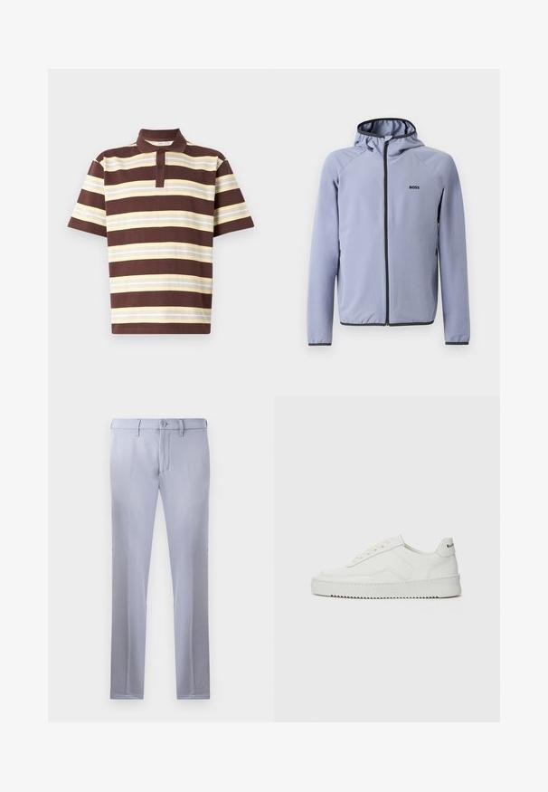 Svetlomodrá zipsová bunda s kapucňou, vyrobená z hladkej tkaniny. Obsahuje čierne akcenty pozdĺž zipsu a lemu, s logom na hrudi.; Hnedožlté pruhované polo tričko s krátkymi rukávmi, s trojicu gombíkov v prednej časti, vyrobené z bavlny, s textúrovanou látkou a rôznymi šírkami pruhov.; Svetlošedé nohavice na mieru vyrobené z hladkej tkaniny, so zapínaním na gombík, pútkami na opasok a strihom s rovnými nohavicami. Žiadne viditeľné vrecká.; Biele kožené tenisky s hladkým povrchom, okrúly špičkový dizajn, ploché šnúrky a textúrovaná podrážka. Obsahujú jemné logo na päte.