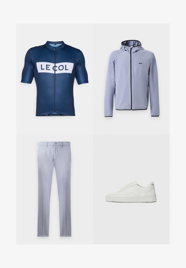 Casaco azul claro com fecho éclair e capuz, feito de um tecido liso. Apresenta detalhes pretos ao longo do fecho e da bainha, com um logo no peito.; Jersey de ciclismo azul-marinho com mangas curtas, fecho zip frontal, logótipo "LE COL" em branco, e faixa com "CORRA MAIS RÁPIDO. CORRA MAIS LONGE." na bainha.; Calças sob medida de cor cinza claro, feitas de um tecido suave, apresentando um fecho com botão, passantes para cinto e um design de perna reta. Sem bolsos visíveis.; Sapatilha de couro branco com acabamento suave, bico redondo, atacadores planos e uma sola texturizada. Apresenta um logotipo discreto no calcanhar.