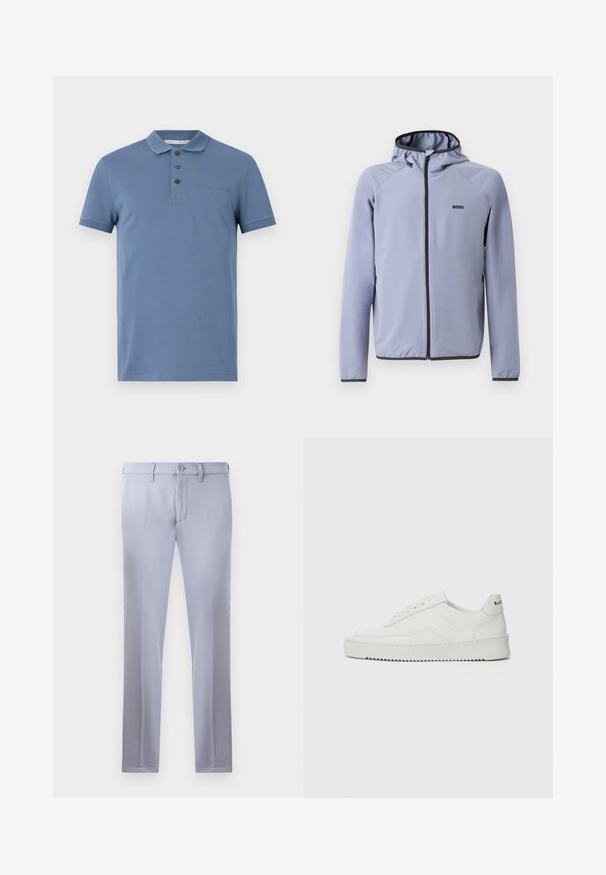 Casaco azul claro com fecho éclair e capuz, feito de um tecido liso. Apresenta detalhes pretos ao longo do fecho e da bainha, com um logo no peito.; Polo azul feito de algodão, com uma gola clássica, placket de três botões, mangas curtas e um logótipo subtil no peito.; Calças sob medida de cor cinza claro, feitas de um tecido suave, apresentando um fecho com botão, passantes para cinto e um design de perna reta. Sem bolsos visíveis.; Sapatilha de couro branco com acabamento suave, bico redondo, atacadores planos e uma sola texturizada. Apresenta um logotipo discreto no calcanhar.