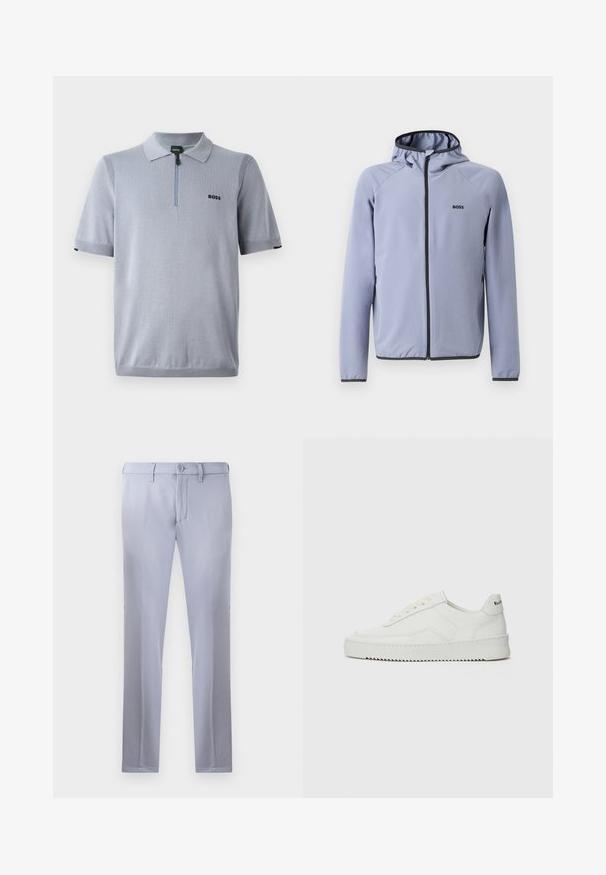 Světlomodrá bunda na zip s kapucí, vyrobená z hladké tkaniny. Obsahuje černé detaily podél zipu a lemu, s logem na hrudi.; Světle modré polo tričko s krátkým rukávem vyrobené z měkkého pleteného materiálu. Má zipový límec a černé vyšívané logo na hrudi.; Světle šedé kalhoty na míru vyrobené z hladké tkaniny, s knoflíkovým zapínáním, poutky na opasek a rovnou nohavicí. Žádné viditelné kapsy.; Bílé kožené tenisky s hladkým povrchem, kulatou špičkou, plochými tkaničkami a texturovanou podrážkou. Na patě se nachází nenápadné logo.