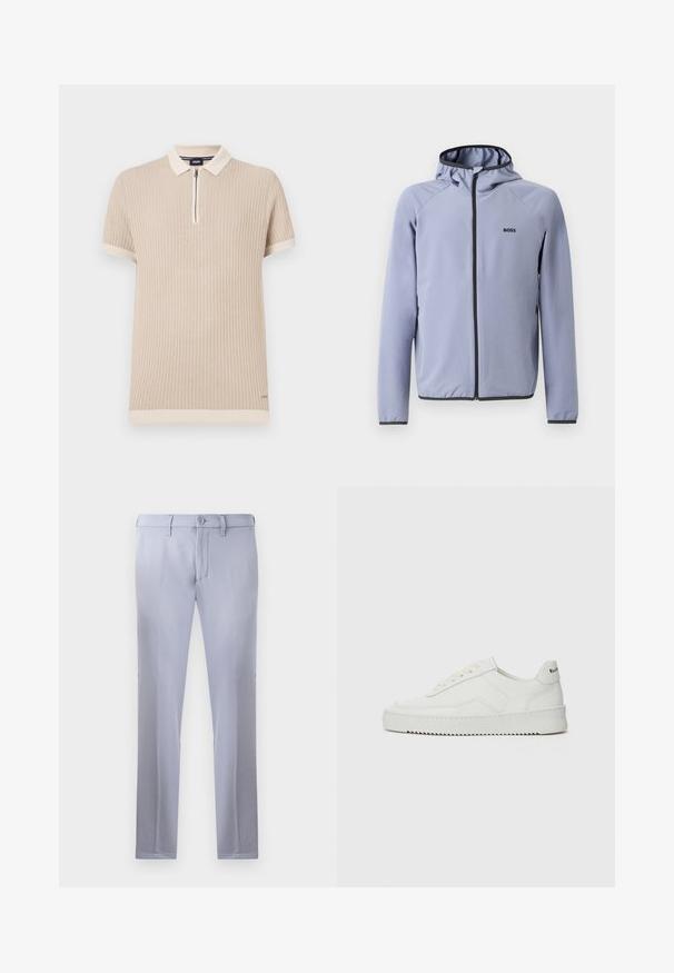 Lys blå zip-up jakke med hætte, lavet af glat stof. Har sorte detaljer langs lynlåsen og kanten, med et logo på brystet.; Beige kortærmet polo skjorte med ribbet tekstur, lynlås krave og kontrastfarvet kant langs ærmerne og kanten. Diskret logo detalje.; Lysegrå skræddersyede bukser lavet af glat stof, med knaplukning, bæltestropper og lige ben. Ingen synlige lommer.; Hvide lædersneakers med en glat overflade, rund tå, flade snørebånd og en tekstureret sål. Har et diskret logo på hælen.