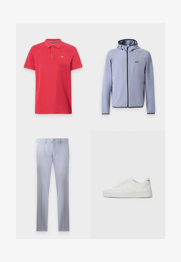 Lys blå hettejakke med glidelås, laget av glatt stoff. Har svarte detaljer langs glidelåsen og kanten, med en logo på brystet.; Rød polo skjorte laget av bomull med klassisk krage, tre knapper foran og lite brodert logo på venstre bryst. Korte ermer.; Lysegrå skreddersydde bukser laget av glatt stoff, med knappelukking, beltehemper og rett ben-design. Ingen lommer synlige.; Hvite lærersneakers med en jevn overflate, rund tå, flate lisser og en teksturert såle. Har en subtil logo på hælen.