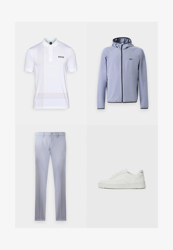 Hea sinine kapuutsiga müts, valmistatud siledast kangast. Mustad aktsendid on näha tõmbluku ja äärte juures, rinnal on logo.; Valge polo särk, mis on valmistatud siledast kangast, kolm nööpi, kaunistatud oranžide ja hallide joontega vasakul küljel ning logo brändinguga.; Heledad hallhalli püksid, mis on valmistatud siledast kangast, nuppude sulgemisega, vööde jaoks aasadega ja sirgete jalgadega disainiga. Kotid pole nähtavad.; Valge nahast tennis, millel on sile põhi, ümar varvas, lamedad nöörid ja tekstuuriline tall. Sisaldab diskreetset logo kontsaribal.