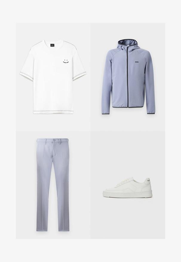 Hea sinine kapuutsiga müts, valmistatud siledast kangast. Mustad aktsendid on näha tõmbluku ja äärte juures, rinnal on logo.; Valge lühikeste varrukatega T-särk, millel on mustad õmblustooted ja väike trükitud detail rinnal.; Heledad hallhalli püksid, mis on valmistatud siledast kangast, nuppude sulgemisega, vööde jaoks aasadega ja sirgete jalgadega disainiga. Kotid pole nähtavad.; Valge nahast tennis, millel on sile põhi, ümar varvas, lamedad nöörid ja tekstuuriline tall. Sisaldab diskreetset logo kontsaribal.