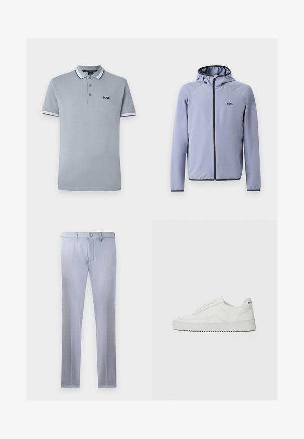 Casaco azul claro com fecho éclair e capuz, feito de um tecido liso. Apresenta detalhes pretos ao longo do fecho e da bainha, com um logo no peito.; Polo de cor cinza claro com três botões, bainha bicolor no colarinho e nas mangas, e um pequeno logótipo preto "BOSS" no peito.; Calças sob medida de cor cinza claro, feitas de um tecido suave, apresentando um fecho com botão, passantes para cinto e um design de perna reta. Sem bolsos visíveis.; Sapatilha de couro branco com acabamento suave, bico redondo, atacadores planos e uma sola texturizada. Apresenta um logotipo discreto no calcanhar.