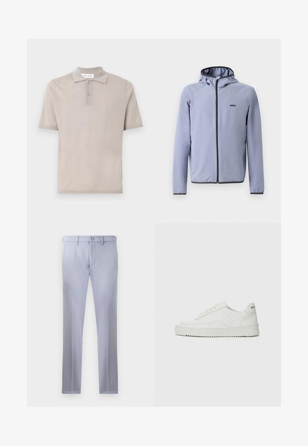 Jasnoniebieska kurtka zasuwana na zamek błyskawiczny z kapturem, wykonana z gładkiego materiału. Posiada czarne akcenty wzdłuż zamka i u dołu, z logo na klatce piersiowej.; Krótki rękaw polo w jasnobeżowej bawełnie, z klasycznym kołnierzykiem, zapięciem na dwa guziki oraz gładkim, teksturowanym wykończeniem.; Jasnoszare spodnie o dopasowanym kroju wykonane z gładkiego materiału, z zapięciem na guzik, szlufkami na pasek oraz prostymi nogawkami. Brak widocznych kieszeni.; Białe skórzane sneakersy o gładkim wykończeniu, okrągłym nosku, płaskich sznurówkach i teksturowanej podeszwie. Charakteryzują się delikatnym logo na pięcie.