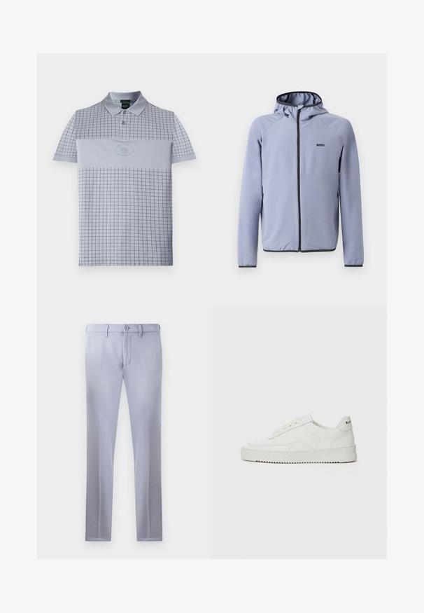 Lys blå hettejakke med glidelås, laget av glatt stoff. Har svarte detaljer langs glidelåsen og kanten, med en logo på brystet.; Lysegrå polo skjorte med rutemønster, to-knappsknepping og rundt logo. Laget av et glatt, pustende stoff.; Lysegrå skreddersydde bukser laget av glatt stoff, med knappelukking, beltehemper og rett ben-design. Ingen lommer synlige.; Hvite lærersneakers med en jevn overflate, rund tå, flate lisser og en teksturert såle. Har en subtil logo på hælen.