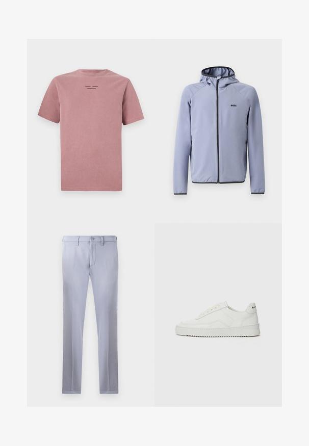 Svetlo modra jakna na zadrgo s kapuco, izdelana iz gladkega materiala. Ima črne detajle ob zadrgi in robu, ter logotip na prsih.; Majica s kratkimi rokavi v barvi prašne vrtnice, izdelana iz mehke bombažne tkanine. Ima krožni ovratnik in majhen črn logotip na hrbtu. Preprost dizajn.; Svetlo sivi krojeni hlače iz gladkega materiala, z gumbom za zapiranje, zankami za pas in ravno obliko nogavic. Brez vidnih žepov.; Bela usnjena športna obutev z gladko površino, okroglo prst, ravne vezalke in teksturiran podplat. Ima diskretno logo na peti.
