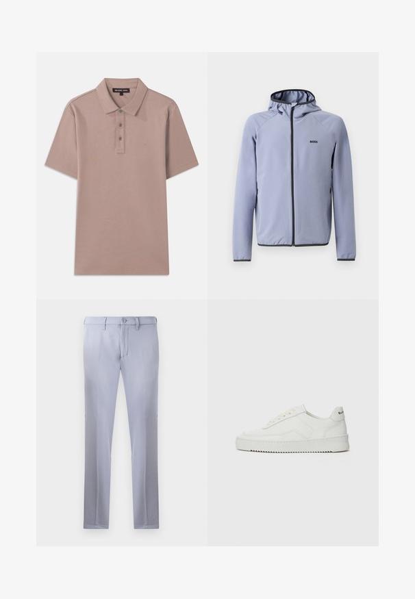 Svetlo modra jakna na zadrgo s kapuco, izdelana iz gladkega materiala. Ima črne detajle ob zadrgi in robu, ter logotip na prsih.; Polo majica iz svetlo rjave tkanine s kratkimi rokavi, z zapiranjem na tri gumbe in vezenim logotipom "MK" na prsih. Gladka tekstura.; Svetlo sivi krojeni hlače iz gladkega materiala, z gumbom za zapiranje, zankami za pas in ravno obliko nogavic. Brez vidnih žepov.; Bela usnjena športna obutev z gladko površino, okroglo prst, ravne vezalke in teksturiran podplat. Ima diskretno logo na peti.