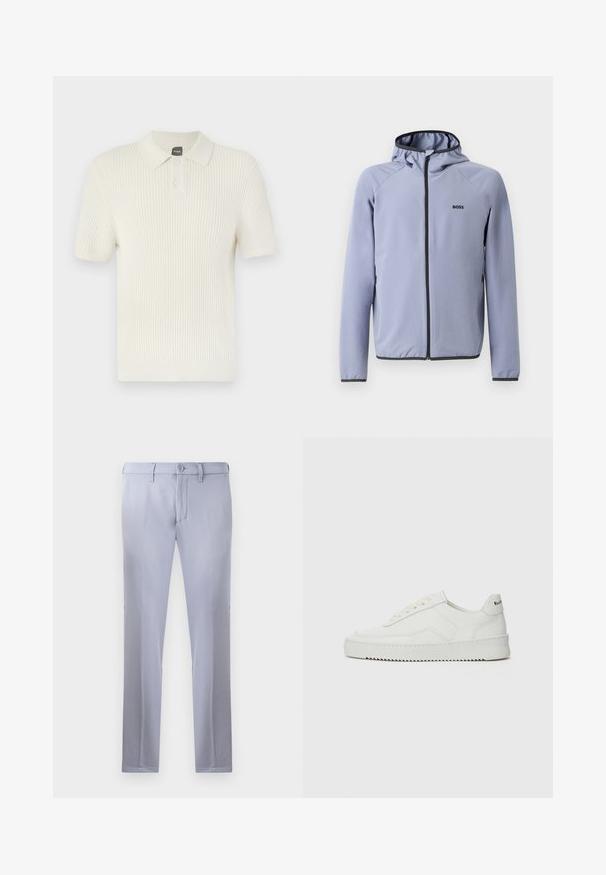 Šviesiai mėlynas džemperis su užtrauktuku ir kapišonu, pagamintas iš lygios medžiagos. Jame yra juodos detalės palei užtrauktuką ir apykaklę, o krūtinėje yra logotipas.; BOSS AKOPPO - Polo marškinėliai - open yellow; Šviesiai pilkos pritaikytos kelnės, pagamintos iš lygios medžiagos, su mygtuko uždarymu, diržo kilpomis ir tiesiomis kojomis. Kišenių nematyti.; Balti odiniai sportiniai bateliai su lygia apdaila, apvaliu pirštu, plokščiais raišteliais ir tekstūruotu padu. Pasižymi subtiliu logotipu ant kulno.