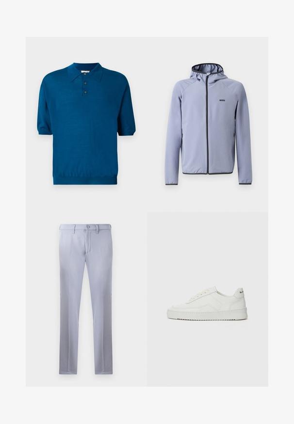 Lichtblauwe zip-up jack met capuchon, gemaakt van een gladde stof. Bevat zwarte accenten langs de rits en onderrand, met een logo op de borst.; Korte mouwen polo in diep teal, gemaakt van zachte stof. Heeft een kraag, een drieknoopsluiting en een elastische zoom voor een relaxte pasvorm.; Lichtgrijze op maat gemaakte broeken van gladde stof, met een knoopsluiting, riemlussen en een rechte pijp. Geen zichtbare zakken.; Witte leren sneaker met een gladde afwerking, ronde neus, platte veters en een gestructureerde zool. Kenmerkt zich door een subtiel logo op de hiel.