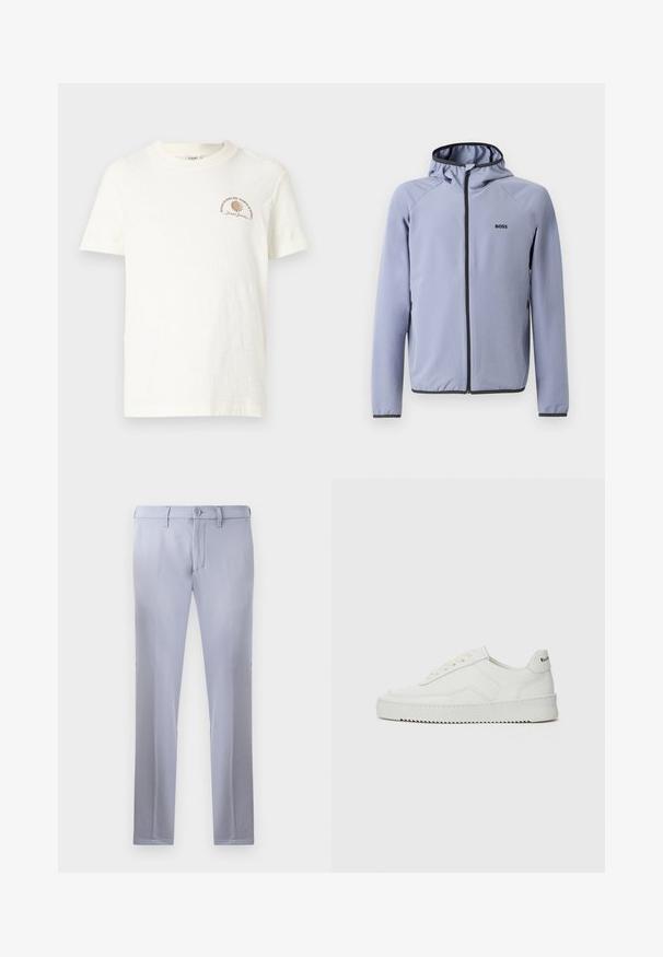 Šviesiai mėlynas džemperis su užtrauktuku ir kapišonu, pagamintas iš lygios medžiagos. Jame yra juodos detalės palei užtrauktuką ir apykaklę, o krūtinėje yra logotipas.; Trumpas rankovės kreminės spalvos T-shirt, pagamintas iš minkštos medžiagos, su ruda grafika, vaizduojančia saulę ir tekstą kairiajame krūtinės srityje.; Šviesiai pilkos pritaikytos kelnės, pagamintos iš lygios medžiagos, su mygtuko uždarymu, diržo kilpomis ir tiesiomis kojomis. Kišenių nematyti.; Balti odiniai sportiniai bateliai su lygia apdaila, apvaliu pirštu, plokščiais raišteliais ir tekstūruotu padu. Pasižymi subtiliu logotipu ant kulno.
