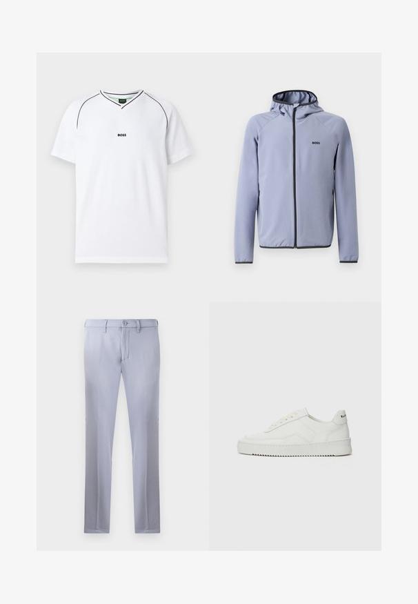 Világoskék, kapucnis, cipzáras dzseki sima anyagból. Fekete díszítéssel a cipzárnál és a szegélynél, mivel a mellekén logó található.; Fehér atlétikai póló, V nyakkal, rövid ujjú, texturált hálós anyagból készült, fekete részletekkel a nyaknál és a mellkasi logón.; Világosszürke, sima anyagból készült, szabott nadrág, gombos záródással, övhunokkal és egyenes szárú kialakítással. Zsebek nem láthatók.; Fehér bőr sportcipő sima felülettel, kerek orral, lapos fűzőkkel és texturált talppal. Finom logó található a sarokon.