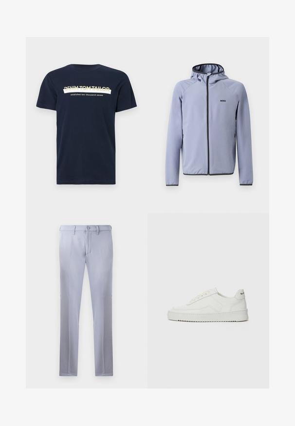 Šviesiai mėlynas džemperis su užtrauktuku ir kapišonu, pagamintas iš lygios medžiagos. Jame yra juodos detalės palei užtrauktuką ir apykaklę, o krūtinėje yra logotipas.; Tamsiai mėlynas medvilninis marškinėliai su trumpomis rankovėmis ir apvaliu kaklu. Naudoja baltą ir auksinę spalvą: "DENIM TOM TAILOR" ir "įkurta du tūkstančiai septyni."; Šviesiai pilkos pritaikytos kelnės, pagamintos iš lygios medžiagos, su mygtuko uždarymu, diržo kilpomis ir tiesiomis kojomis. Kišenių nematyti.; Balti odiniai sportiniai bateliai su lygia apdaila, apvaliu pirštu, plokščiais raišteliais ir tekstūruotu padu. Pasižymi subtiliu logotipu ant kulno.