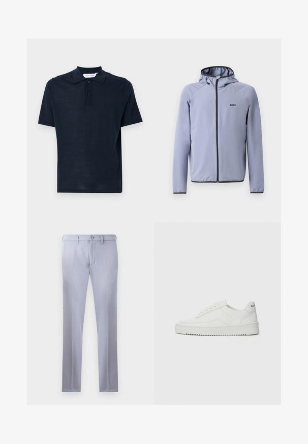Jachetă cu fermoar de culoare albastru deschis, cu glugă, fabricată dintr-un material neted. Prezintă accente negre de-a lungul fermoarului și a tivului, cu un logo pe piept.; Polo de culoare bleumarin, fabricat din material moale, cu mâneci scurte, guler clasic, plasă cu trei butoane și o croială lejeră.; Pantaloni tailored de culoare gri deschis, confecționați dintr-un material neted, având sistem de închidere cu buton, curea la talie și un design drept. Nu sunt vizibile buzunare.; Sneakers din piele albă cu un finisaj neted, vârf rotund, șireturi plate și o talpă texturată. Prezintă un logo subtil pe călcâi.