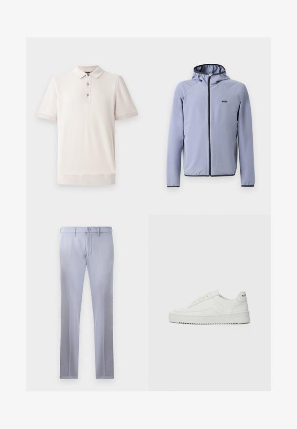Hea sinine kapuutsiga müts, valmistatud siledast kangast. Mustad aktsendid on näha tõmbluku ja äärte juures, rinnal on logo.; Lühirooriga polo särk heledas beežis, tekstuurse materjaliga, krae ja kolme nööbiga kinnitusega; soonikkoes detailid varrukatel ja allservas.; Heledad hallhalli püksid, mis on valmistatud siledast kangast, nuppude sulgemisega, vööde jaoks aasadega ja sirgete jalgadega disainiga. Kotid pole nähtavad.; Valge nahast tennis, millel on sile põhi, ümar varvas, lamedad nöörid ja tekstuuriline tall. Sisaldab diskreetset logo kontsaribal.