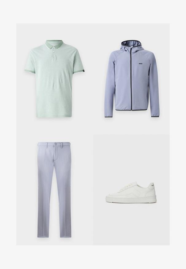 Hea sinine kapuutsiga müts, valmistatud siledast kangast. Mustad aktsendid on näha tõmbluku ja äärte juures, rinnal on logo.; Hele roheline polo särk pehmest kangast, klassikalise krae, kolme nupuga, valgete aktsentidega krae ja varrukatel.; Heledad hallhalli püksid, mis on valmistatud siledast kangast, nuppude sulgemisega, vööde jaoks aasadega ja sirgete jalgadega disainiga. Kotid pole nähtavad.; Valge nahast tennis, millel on sile põhi, ümar varvas, lamedad nöörid ja tekstuuriline tall. Sisaldab diskreetset logo kontsaribal.
