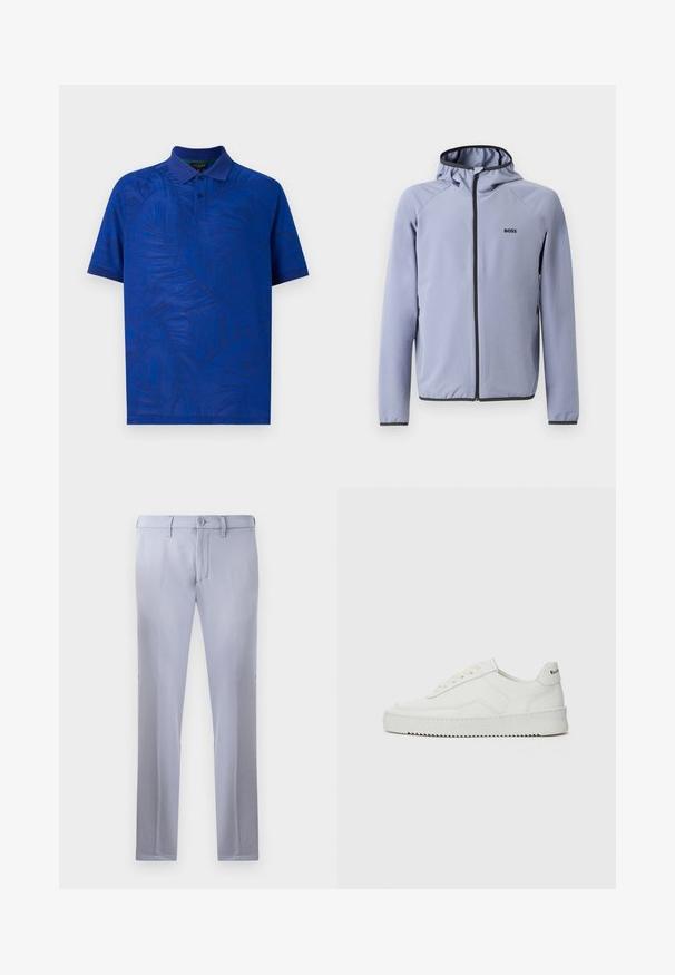 Casaco azul claro com fecho éclair e capuz, feito de um tecido liso. Apresenta detalhes pretos ao longo do fecho e da bainha, com um logo no peito.; Camisa polo de manga curta em azul vibrante com um padrão texturizado de folhas de palmeira, apresentando um colarinho e um fecho de três botões. Tecido suave.; Calças sob medida de cor cinza claro, feitas de um tecido suave, apresentando um fecho com botão, passantes para cinto e um design de perna reta. Sem bolsos visíveis.; Sapatilha de couro branco com acabamento suave, bico redondo, atacadores planos e uma sola texturizada. Apresenta um logotipo discreto no calcanhar.