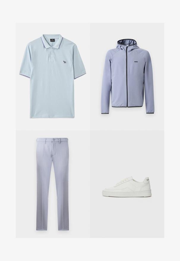 Šviesiai mėlynas džemperis su užtrauktuku ir kapišonu, pagamintas iš lygios medžiagos. Jame yra juodos detalės palei užtrauktuką ir apykaklę, o krūtinėje yra logotipas.; Šviesiai mėlynas polo marškinėlis su purpuriniais apykaklės akcentais, trimis priekiniais mygtukais ir mažuoju išsiuvinėtu zebro logotipu kairėje krūtinės pusėje.; Šviesiai pilkos pritaikytos kelnės, pagamintos iš lygios medžiagos, su mygtuko uždarymu, diržo kilpomis ir tiesiomis kojomis. Kišenių nematyti.; Balti odiniai sportiniai bateliai su lygia apdaila, apvaliu pirštu, plokščiais raišteliais ir tekstūruotu padu. Pasižymi subtiliu logotipu ant kulno.