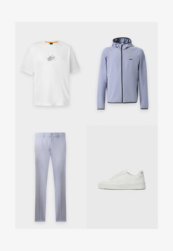 Ανοιχτό μπλε φούτερ με φερμουάρ και κουκούλα, φτιαγμένο από λείο ύφασμα. Διαθέτει μαύρες λεπτομέρειες κατά μήκος του φερμουάρ και του στριφώματος, με λογότυπο στο στήθος.; Λευκό βαμβακερό μπλουζάκι με στρογγυλή λαιμόκοψη, που διαθέτει μαύρο σπασμένο σχέδιο και τη λέξη "BOSS" στο κέντρο. Κοντά μανίκια.; Απαλές γκρίζες εξατομικευμένες παντελόνες από λείο ύφασμα, με κλείσιμο από κουμπί, θηλιές για ζώνη και ίσια γραμμή. Χωρίς ορατές τσέπες.; Λευκό δερμάτινο sneakers με λείο φινίρισμα, στρογγυλή μύτη, επίπεδα κορδόνια και υφή στην σόλα. Φέρει μια διακριτική λογότυπο στη φτέρνα.