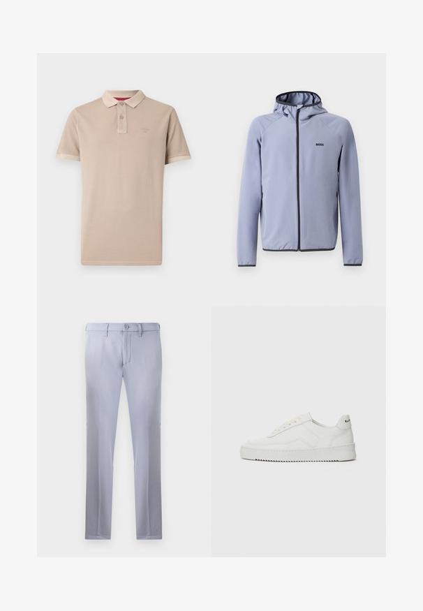 Lichtblauwe zip-up jack met capuchon, gemaakt van een gladde stof. Bevat zwarte accenten langs de rits en onderrand, met een logo op de borst.; Beige polo-shirt gemaakt van zachte stof, met een klassieke kraag, een twee-knopen sluiting, korte mouwen en een subtiel logo op de borst.; Lichtgrijze op maat gemaakte broeken van gladde stof, met een knoopsluiting, riemlussen en een rechte pijp. Geen zichtbare zakken.; Witte leren sneaker met een gladde afwerking, ronde neus, platte veters en een gestructureerde zool. Kenmerkt zich door een subtiel logo op de hiel.