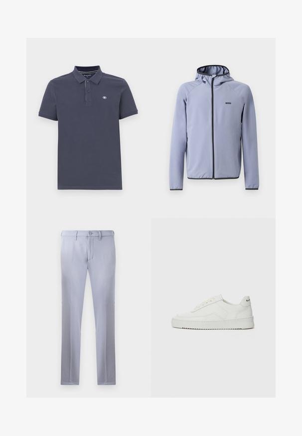 Vaaleansininen vetoketjullinen takki, jossa on huppu, valmistettu sileästä kankaasta. Takissa on mustia yksityiskohtia vetoketjun ja helman varrella, sekä logo rinnassa.; Laivastonsininen polo-paita puuvillasekoitetta, jossa on kaksinappinen kaulus, lyhyet hihat ja pieni刺绣-logo vasemmassa rinnassa.; Vaaleanharmaat mittatilaustyönä tehdyt housut, jotka on valmistettu sileästä kankaasta. Niissä on nappikiinnitys, vyölenkit ja suora lahje. Taskuja ei ole näkyvissä.; Valkoinen nahkakenkä, jossa on sileä pinta, pyöreä kärki, tasaiset nauhat ja teksturoitu pohja. Sisältää huomaamattoman logon kantapäässä.