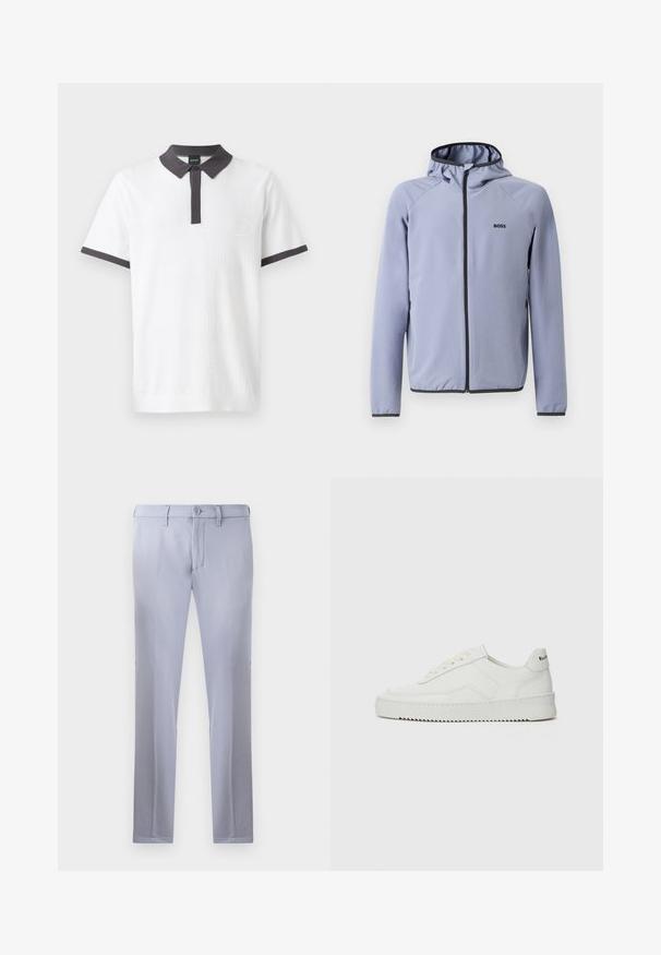 Světlomodrá bunda na zip s kapucí, vyrobená z hladké tkaniny. Obsahuje černé detaily podél zipu a lemu, s logem na hrudi.; Bílá polo košile vyrobená z texturované látky, s tmavě šedým límečkem a akcenty na rukávech. Obsahuje jemně vyšívané logo na hrudi.; Světle šedé kalhoty na míru vyrobené z hladké tkaniny, s knoflíkovým zapínáním, poutky na opasek a rovnou nohavicí. Žádné viditelné kapsy.; Bílé kožené tenisky s hladkým povrchem, kulatou špičkou, plochými tkaničkami a texturovanou podrážkou. Na patě se nachází nenápadné logo.