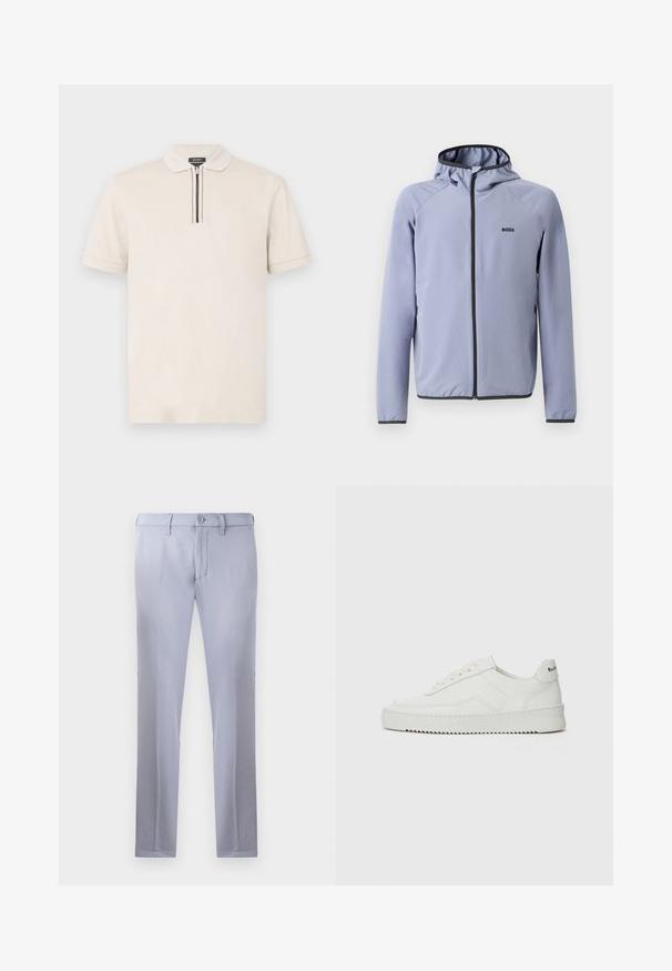 Világoskék, kapucnis, cipzáras dzseki sima anyagból. Fekete díszítéssel a cipzárnál és a szegélynél, mivel a mellekén logó található.; Krém színű, rövid ujjú pólóing, hegyes gallérral, cipzáras gombolással, fekete és fehér csíkokkal, texturált anyagból készítve.; Világosszürke, sima anyagból készült, szabott nadrág, gombos záródással, övhunokkal és egyenes szárú kialakítással. Zsebek nem láthatók.; Fehér bőr sportcipő sima felülettel, kerek orral, lapos fűzőkkel és texturált talppal. Finom logó található a sarokon.