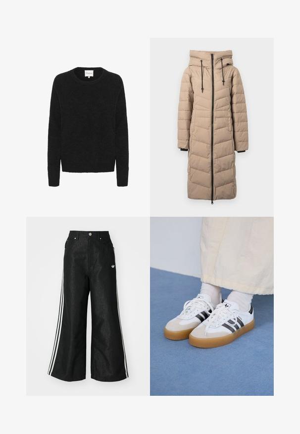 Abrigo puffer largo de color beige con un diseño acolchado, capucha, cremallera frontal y detalles negros en los puños. Textura suave y ajuste hasta la rodilla.; Suéter de punto negro con cuello redondo, mangas largas y una textura suave. Diseño sencillo, sin patrones ni acentos.; Pantalones de denim anchos y negros con tres franjas blancas en cada lado y un pequeño logo blanco. Cuenta con bolsillos frontales y un cierre de botón.; Zapatillas blancas con rayas negras y acentos de ante beige. Cuentan con una suela de goma texturizada y cordones blancos planos, usadas con calcetines de color claro.