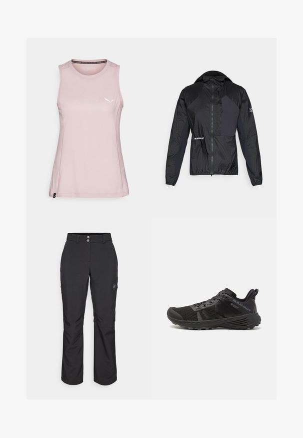 Juodas lengvas švarkas, pagamintas iš tekstūruoto, vandeniui atsparaus audinio. Turi užtrauktuko priekį, gobtuvą ir logotipą ant kairiojo krūtinės.; Rožinė be rankovių sportinė palaidinė, pagaminta iš minkštos medžiagos, su subtiliu logotipu ir sustiprintomis siūlėmis kraštuose.; Juoda lauko kelnės su tiesiu kirpimu, su mygtuko uždarymu, užtrauktuku užtraukiamomis šoninėmis kišenėmis ir logotipo aplikacija kairiajame šlaunyje.; Juodas bėgimo batelis su tekstūruotu tinkliniu viršumi, sustiprinta pirštų apsauga ir guminis padas. Yra raištelių sistema ir logotipo detalės šone.