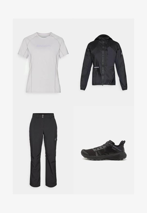 Svart lett jakke laget av strukturert, vannavvisende stoff. Har glidelås foran, hette og logodetalj på venstre bryst.; Lys grå t-skjorte med korte ermer og rund hals, med fiolette detaljer og 'MAMMUT' logo på forsiden. Myk, glatt stoff.; Svart utebukser med rett snitt, med knappelukking, glidelåslommer på siden, og et logomerket på venstre lår.; Svart løpesko med teksturert mesh-overdel, forsterket tåhette og gummisåle. Har lissesystem og logodetaljer på siden.