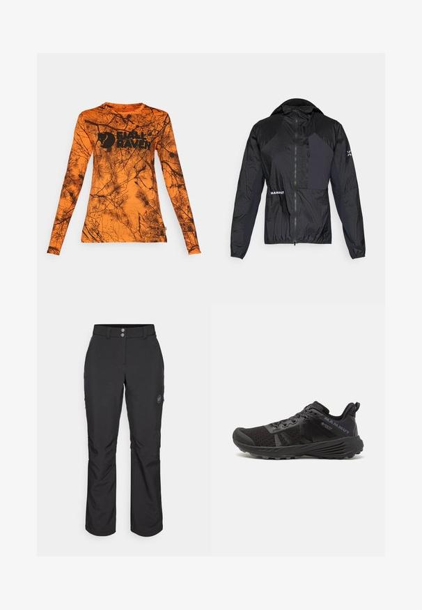 Fekete, könnyű dzseki textúrált, vízálló anyagból. Cipzáros elülső rész, kapucni és logó részlet található a bal mellkason.; Hosszúujjú, élénk narancssárga ing fekete faág mintázattal. Elől található a Fjällräven logó. Könnyű, sima textil.; Fekete, egyenes szabású kinti nadrág, gombos záródással, cipzáros oldalzsebekkel és logóval a bal combon.; Fekete futócipő textúrázott hálós felsőrésszel, megerősített orral és gumi talppal. Felszereltsége fűzős rendszer és logó részletezés az oldalon.