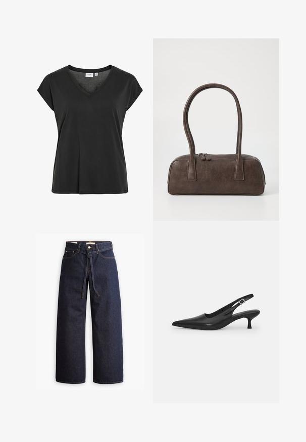 Dunjakke i mørkegrønn, med hette, glidelås og elastiske ermer. Laget av isolerende materiale som gir varme og komfort.; Svart ribbestrikket genser med lange ermer, rund hals og tettsittende silhuett, med en jevn tekstur over hele plagget.; Svart T-skjorte med V-hals og cap-ærmer, laget av mykt materiale, med en avslappet passform og minimale sømdetaljer.; Viddeben mørkeblå denim jeans med høy midje, som har snøring, fem lommer og kontraststing.; Svart lær slingback sko med spiss tå og smal, buet hæl. Har en diskret justerbar rem med en metallspenne.; Brun lærveske med to robuste håndtak, rektangulær form, jevn tekstur og glidelås. Minimalistisk design uten synlige mønstre.