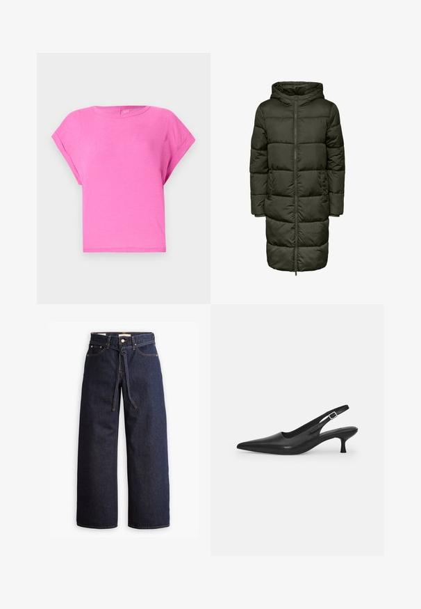 Puffy lang jakke i mørkegrøn farve med hætte, lynlås lukning og elastiske manchetter. Fremstillet af isolerende materiale, der giver varme og komfort.; Lyserød bomulds T-shirt med en afslappet pasform, rund halsudskæring og korte ærmer. Glat tekstur og enkelt design uden synlige mønstre eller detaljer.; Bredde ben mørkeblå denim jeans med høj talje, der har snoretræk, fem lommer og kontrastsyet detaljer.; Sort læder slingback-sko med spids tå og en slank, buet hæl. Har en diskret justerbar rem med en metalspænde.