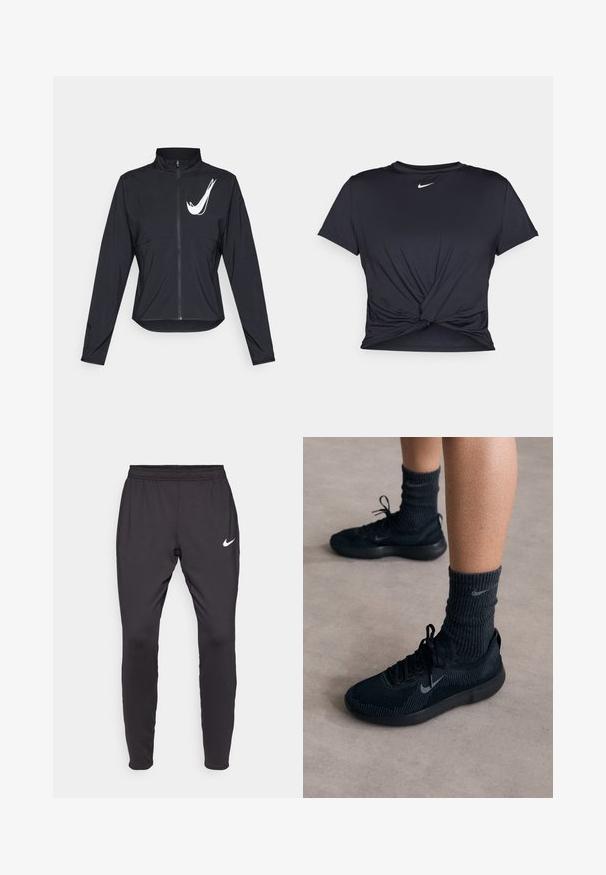 Svart jakke med glidelås laget av glatt stoff, med høy krage og lange ermer. En hvit logo er plassert på øvre venstre side.; Svart trenings T-skjorte laget av glatt stoff, med en knyttet frontdesign og en liten hvit Nike-logo på brystet.; Sorte Nike treningsbukser med slim fit, elastisk linning og hvit logo på venstre lår. Glatt, stretchy stoff.; Sorte Nike-sko med teksturert strikket overdel, med en grå swoosh-logo, kombinert med mørke, ribbede sokker. Flat gummisål.