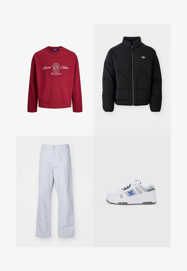 Fekete pufferréteg magas gallérral, cipzáros elülső résszel és steppelt kialakítással. Két elülső zsebbe és egy logóra is büszkélkedhet a mellkason.; Burgundy hosszú ujjú pulóver, pamut anyagból, kerek nyakkivágással, fehér "Limitált Kiadás" és "Eredeti" felirattal, emblematikus részletekkel.; Világoskék, egyenes szabású pamut nadrág. Elöl zsebből, cipzáras záródással és egy fém gombbal rendelkezik a derékon.; Fehér sneaker szürke részletekkel, perforált oldalakkal és kék logóval. Párnázott nyelvével és párnázott talpával a kényelem jegyében készült.