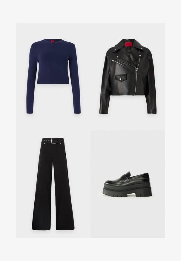 Musta nahkainen lyhyt takki, jossa on leveät kaulukset, epäsymmetrinen vetoketju edessä ja kaksi vetoketjullista taskua, sisällä punainen logotagi.; Lyhyet hihaiset laivastonsininen toppi, joka on valmistettu pehmeästä kankaasta. Siinä on pyöreä kaula-aukko ja kohokuvioitu logo rinnassa.; Mustat leveälahkeiset housut, jotka on valmistettu puuvillasta. Ne ovat korkeavyötäröiset, suuriin sivutaskuihin ja vyön kanssa varustettu, jossa on hopeanväriset yksityiskohdat.; Musta nahkakengät, joissa on muhkea pohja. Pyöristetty kärki, etusauman yksityiskohtia ja hienovaraisia ompeluaksentteja. Littee, kuvioitu ulkopohja.