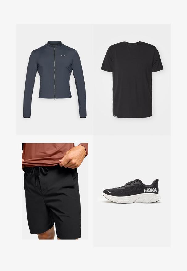 Oakley OFF GRID JACKET - Szabadtéri dzseki - blackout; Fekete, rövid ujjú póló sima pamut anyagból, környakú kivágással és egy kis címkével a bal alsó varrásnál.; Könnyű anyagból készült fekete rövidnadrág, amely húzózsinórral ellátott derekú, oldalzsebekkel rendelkezik, és sima textúrájú.; Fekete futócipő texturált hálós felsőrésszel, fehér középtalpal, feltűnő logóval a sarkán és ívelt talppal a párnázásért.
