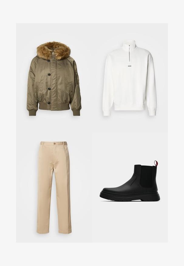 Giubbotto bomber verde oliva con polsini e orlo a coste, bottoni frontali, chiusura con zip, tasche laterali e un grande cappuccio in finta pelliccia marrone staccabile.; Felpa bianca con collo alto e zip a metà, caratterizzata da un piccolo logo "HUGO" nero al centro del petto. Tessuto morbido.; Pantaloni beige realizzati in tessuto leggero, con un design a gamba dritta, vita con passanti per cintura e chiusura con un singolo bottone frontale.; Stivale alla caviglia nero con finitura liscia, pannelli laterali elastici e un tab di presa rosso a contrasto, dotato di una suola in gomma spessa e punta arrotondata.