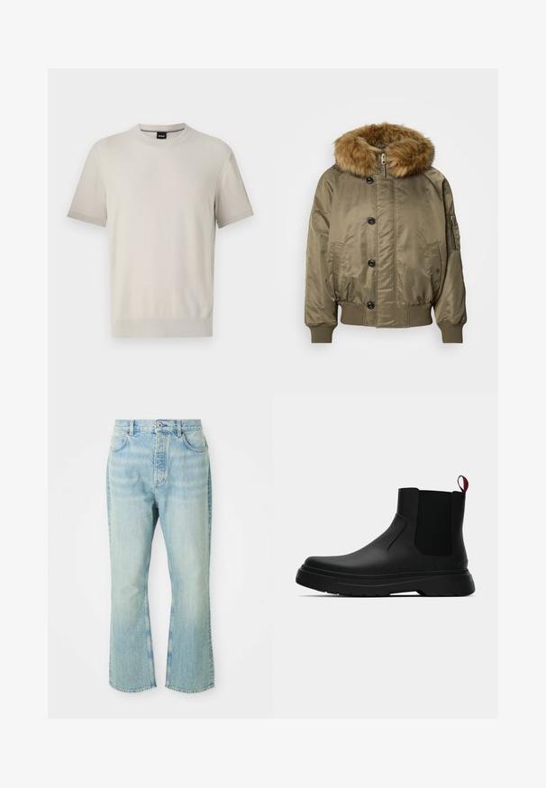 Olivengrön bomberjacka med ribbade ärmslut och nederkant, framknappar, dragkedjestängning, sidofickor och en stor avtagbar brun fuskpälsluftkrage.; Ljusgrå stickad tröja med rund halsringning, ribbade ärmslut och nederkant. Har ett strukturerat tyg i en enhetlig färg utan mönster.; Kortärmad t-shirt med rund halsringning i ljusbeige texturerad tyg. Har ribbat halsringning och muddar med en diskret kontrasterande kant.; Ljust blå denimjeans med utsvängda ben och hög midja, med fem fickor, bälteslänger och en urtvättad textur.; Svarta ankelstövlar med en slät yta, elastiska sidopaneler och en kontrasterande röd dragflik, med en tjock gummisula och rund tå.